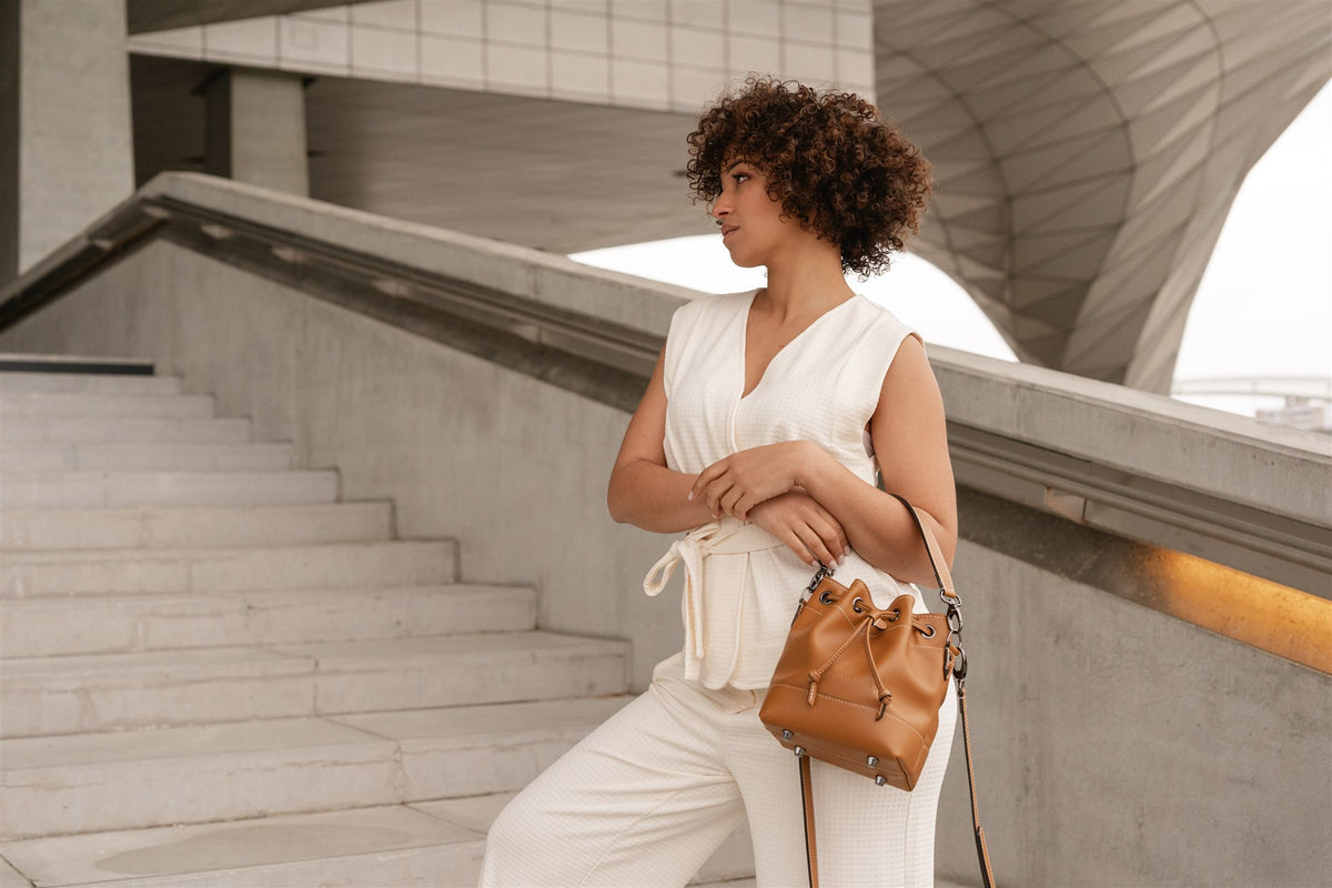 Sac seau cuir marron lisse - Tommy - camel lisse