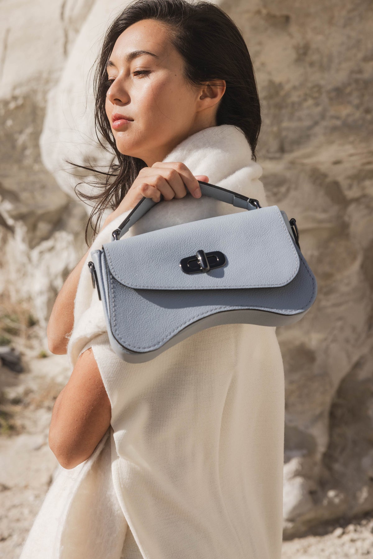 sac baguette cuir bleu ciel