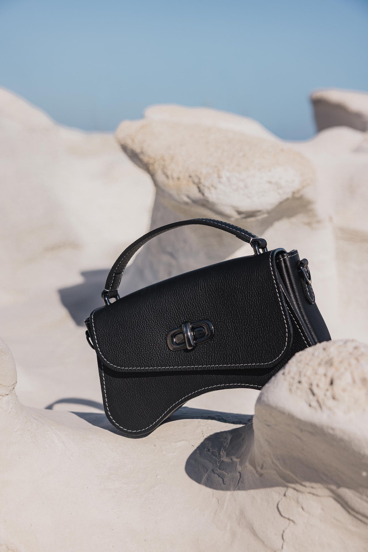 sac baguette cuir noir grainé